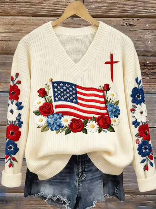 Women’s Autumn Faith Patriotic Casual V-Neck Knit Top Apricot / S