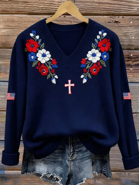 Women’s Autumn Faith Patriotic Casual V-Neck Knit Top Navy Blue / S