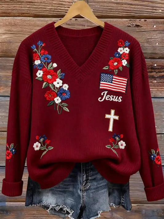 Women’s Autumn Faith Patriotic Casual V-Neck Knit Top Red / S