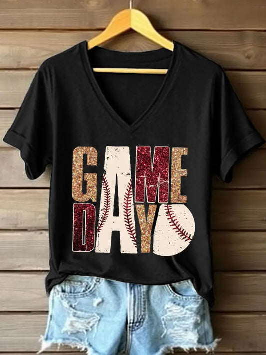 Women’s Baseball Game Day Print V-Neck T-Shirt Black / S