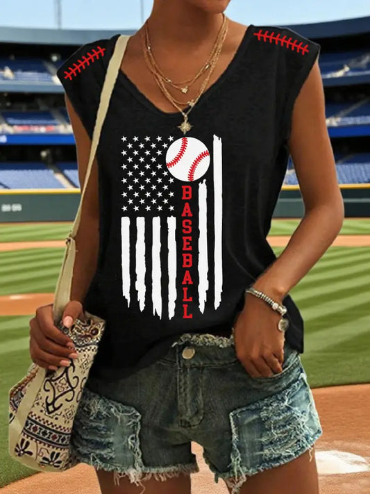 Women’s Baseball Inspired Flag Print Tank Top Black / S