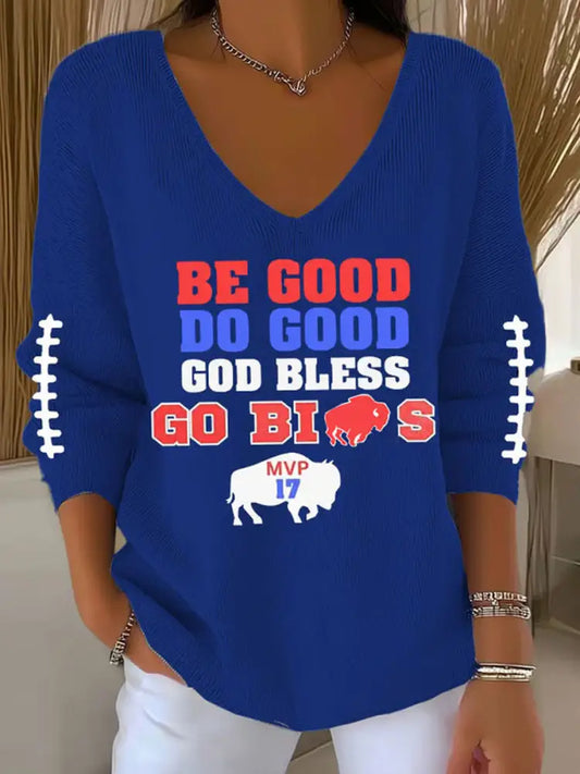 Women’s Be Good Do Good God Bless Go Buffalo Football Fans Lovers Gameday Casual Long-Sleeve Top Blue / S