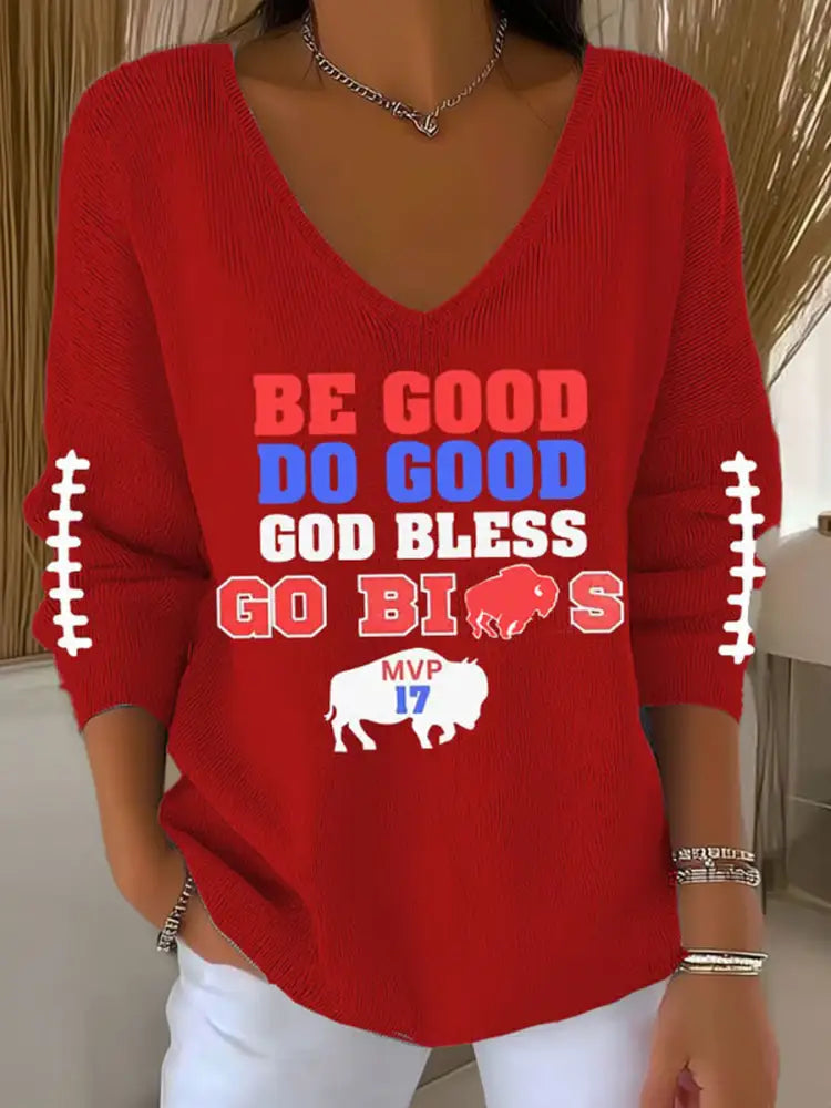 Women’s Be Good Do Good God Bless Go Buffalo Football Fans Lovers Gameday Casual Long-Sleeve Top Red / S