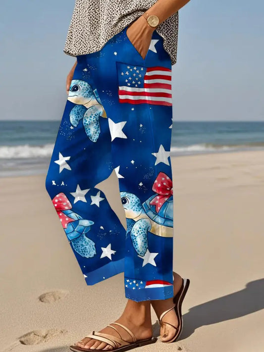 Women’s Beach Turtle America Flag Print Casual Pants As picture / S
