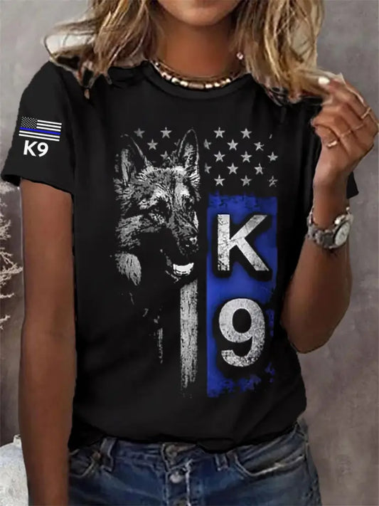 Women’s Blue Line Patriotic K9 Police Officer Dog T-Shirt Black / S