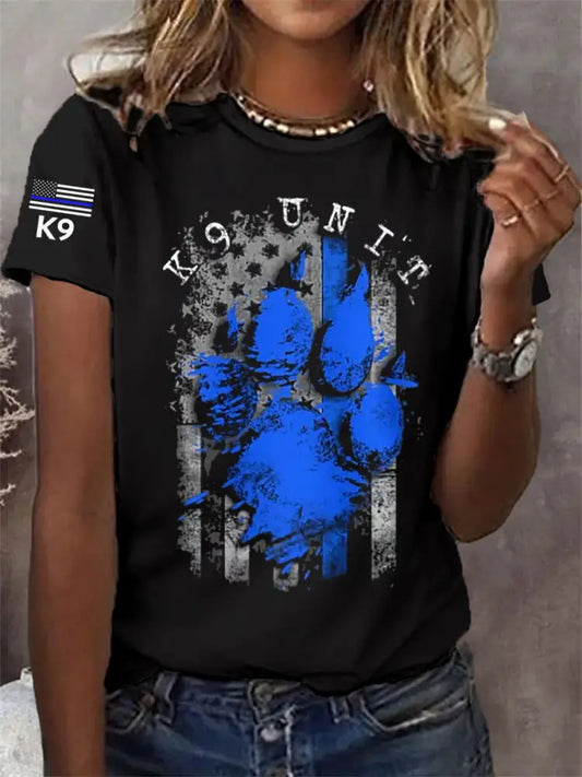Women’s Blue Line Patriotic K9 Police Officer Dog T-Shirt Black / S