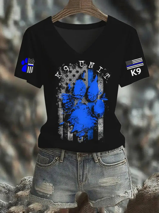Women’s Blue Line Patriotic K9 Police Officer Dog T-Shirt Black / S