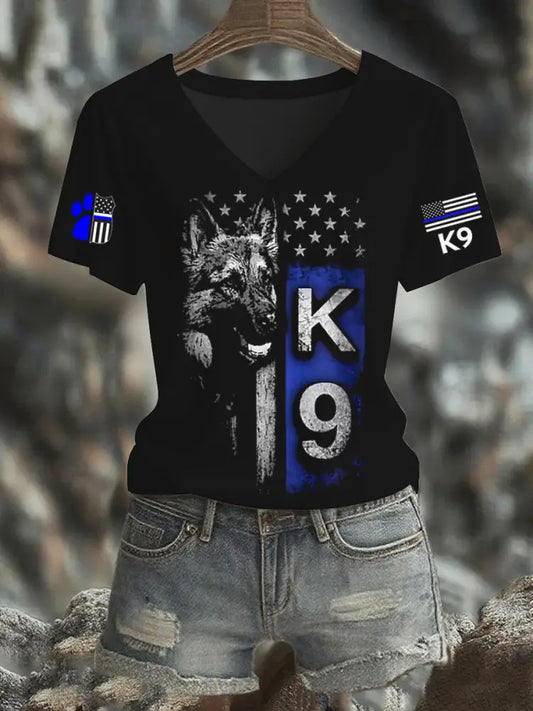 Women’s Blue Line Patriotic K9 Police Officer Dog T-Shirt Black / S