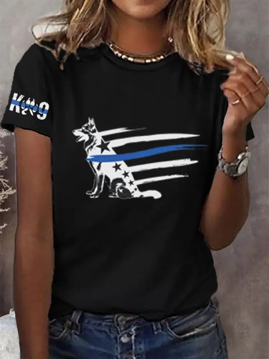 Women’s Blue Line Patriotic K9 Police Officer Dog T-Shirt Black / S