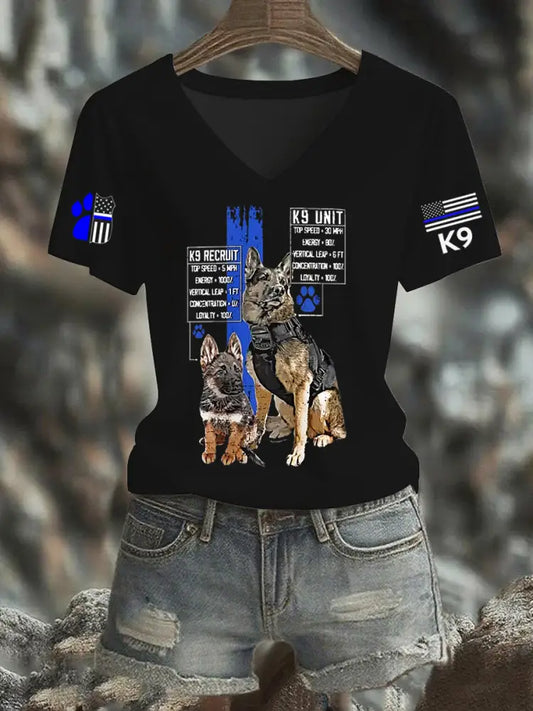 Women’s Blue Line Patriotic K9 Police Officer Dog T-Shirt Black / S