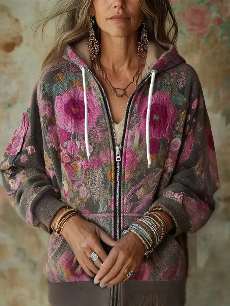 Women’s Boho Breast Cancer Awareness Floral Art Printed Coat As picture / S