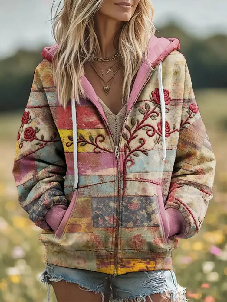 Women’s Boho Breast Cancer Awareness Floral Art Printed Coat As picture / S