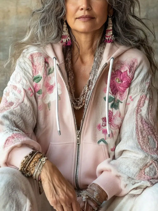 Women’s Boho Breast Cancer Awareness Floral Art Printed Coat Light Pink / S