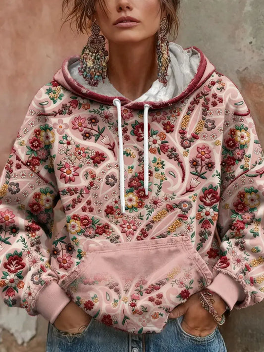 Women’s Boho Breast Cancer Awareness Floral Art Printed Hoodie Pink / S