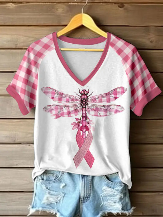 Women’s Breast Cancer Awareness Dragonfly V-neck T-shirt Pink / S