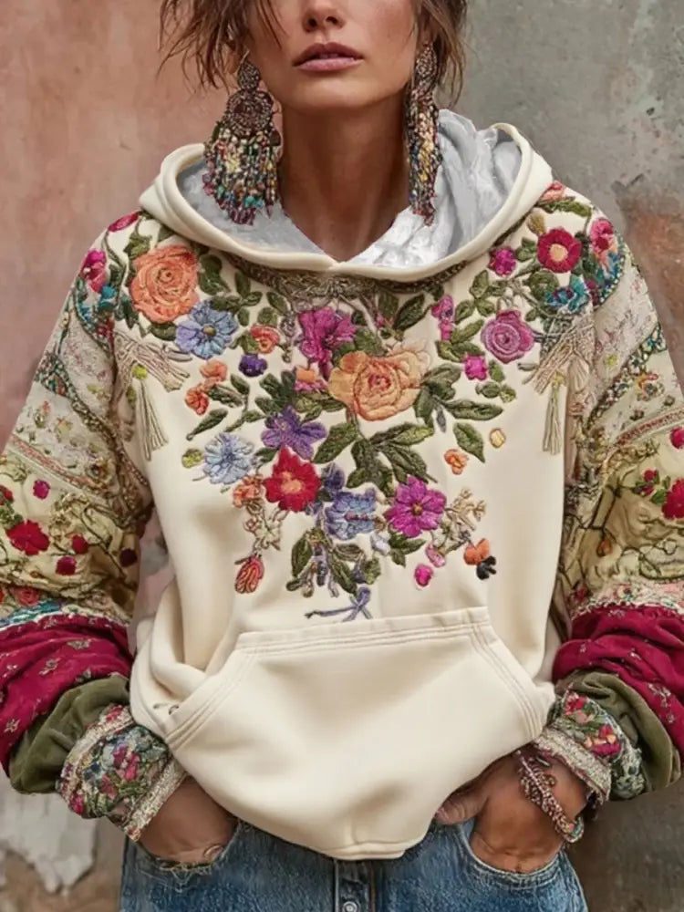 Women’s Breast Cancer Awareness Floral Art Hooded Sweatshirt Beige / S