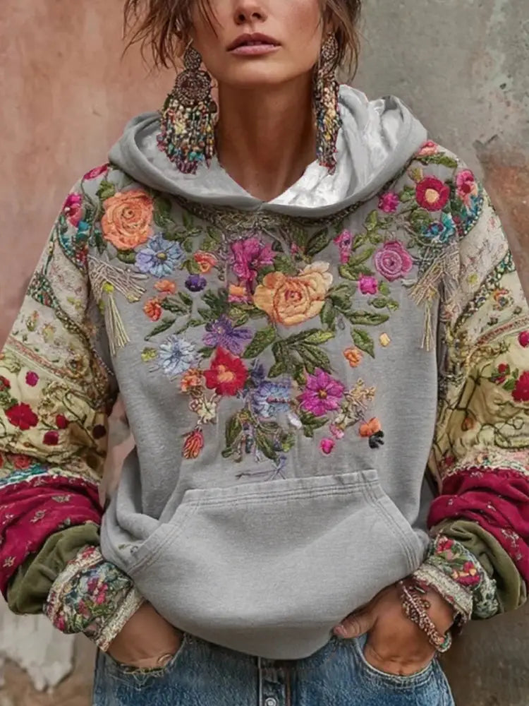 Women’s Breast Cancer Awareness Floral Art Hooded Sweatshirt Light Gray / S