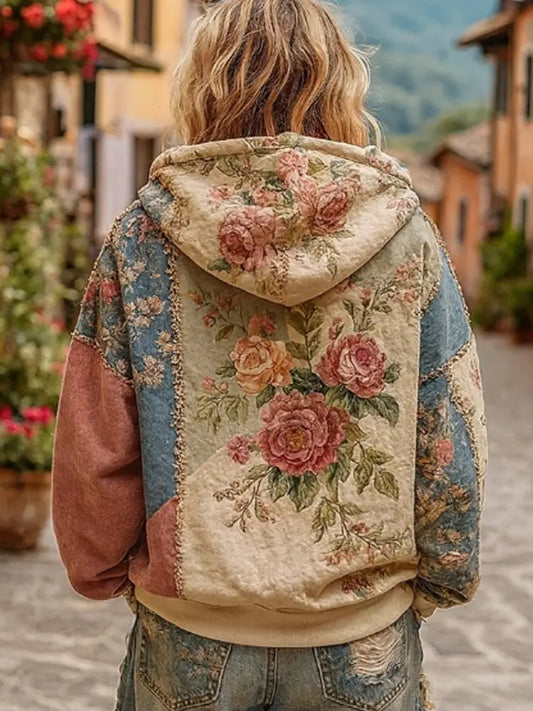 Women’s Breast Cancer Awareness Floral Patchwork Zip-Up Hoodie Pink / S