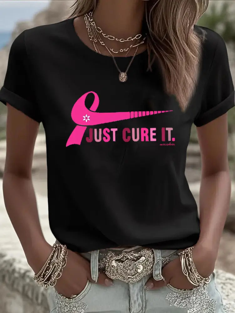 Women’s Breast Cancer Awareness Just Cure It Print T-Shirt Black / S