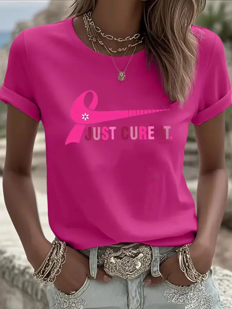 Women’s Breast Cancer Awareness Just Cure It Print T-Shirt Rose Red / S