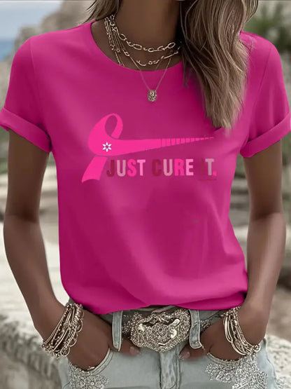Women’s Breast Cancer Awareness Just Cure It Print T-Shirt Rose Red / S