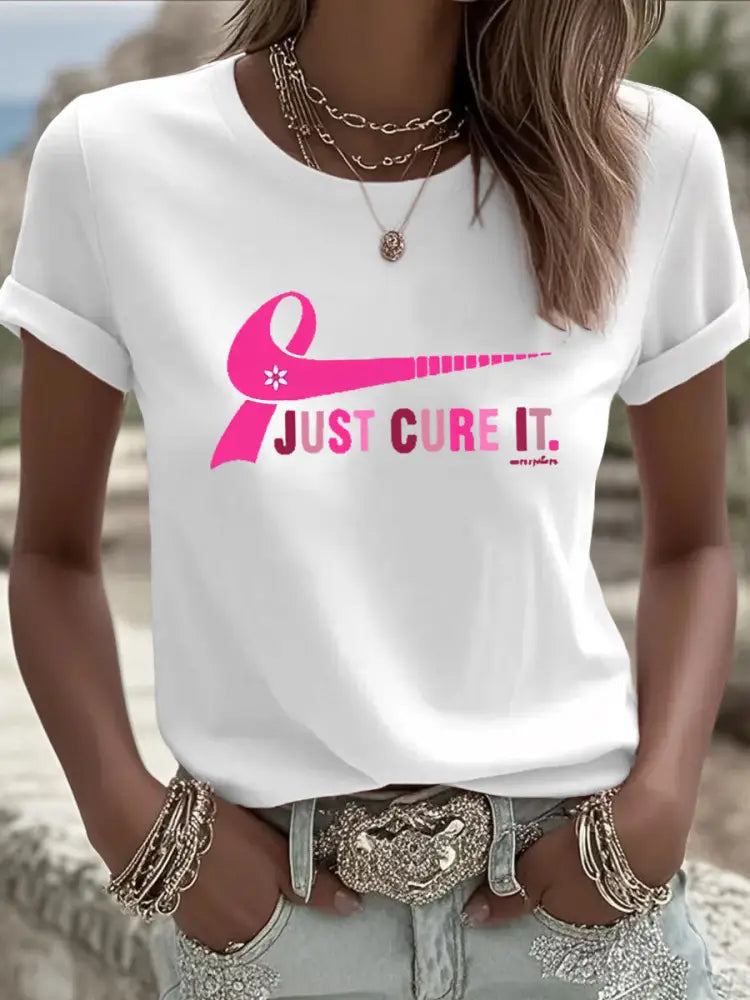 Women’s Breast Cancer Awareness Just Cure It Print T-Shirt White / S