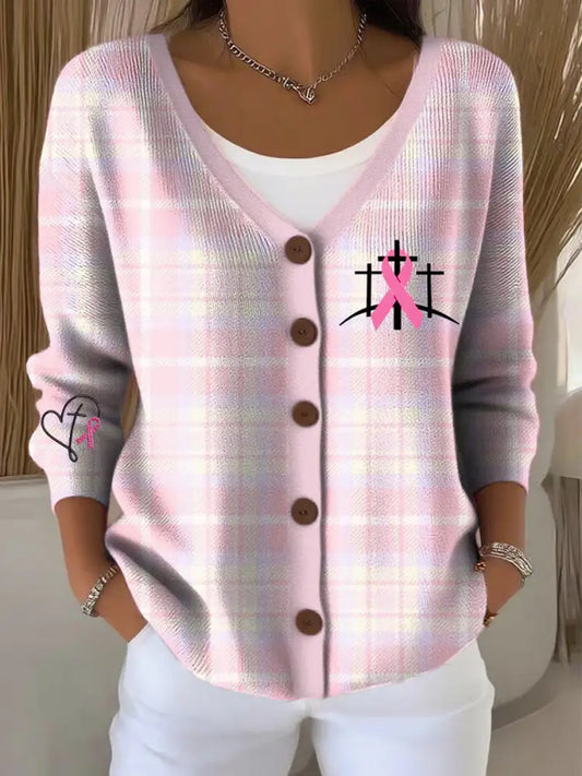 Women’s Breast Cancer Awareness Pink Ribbon Print Cardigan As picture / S