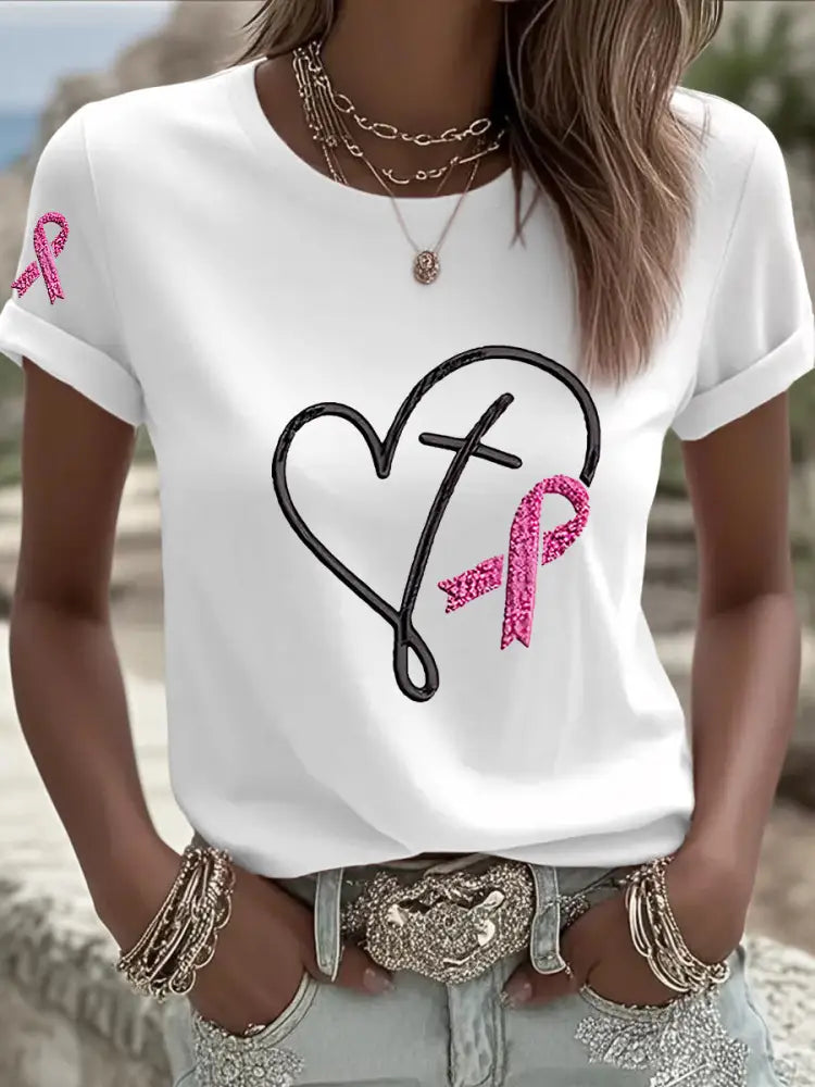 Women’s Breast Cancer Awareness Pink Ribbon Print T shirt White / S