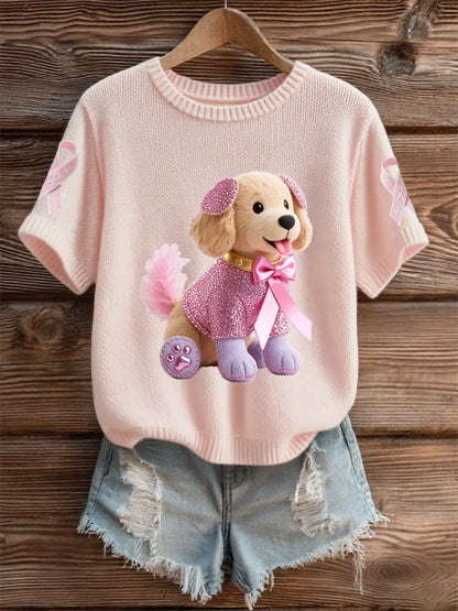 Women’s Breast Cancer Awareness Support Pink Dog Pink Ribbon Print Short Sleeve Top Light Pink / S