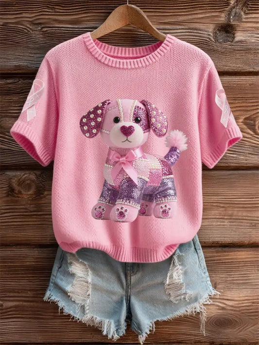 Women’s Breast Cancer Awareness Support Pink Dog Pink Ribbon Print Short Sleeve Top Pink / S