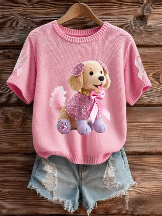 Women’s Breast Cancer Awareness Support Pink Dog Pink Ribbon Print Short Sleeve Top Pink / S