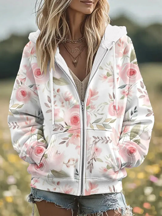 Women’s Breast Cancer Flowers Print Zip-Up Hoodie As picture / S
