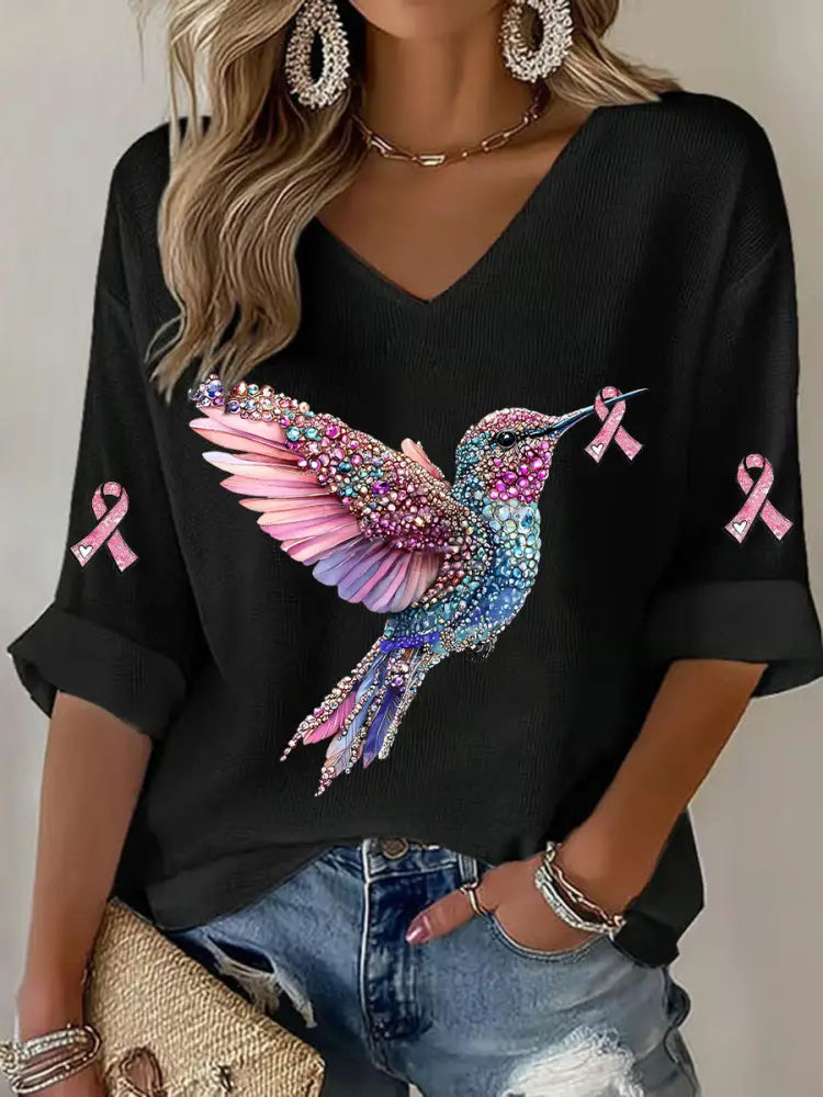 Women’s Breast Cancer Hummingbird Print Casual T shirt Black / S