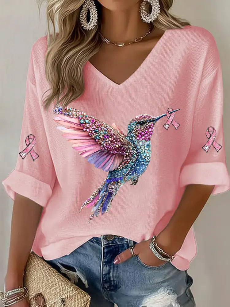 Women’s Breast Cancer Hummingbird Print Casual T shirt Pink / S