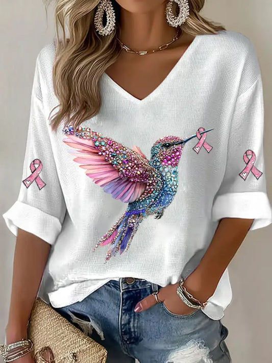 Women’s Breast Cancer Hummingbird Print Casual T shirt White / S