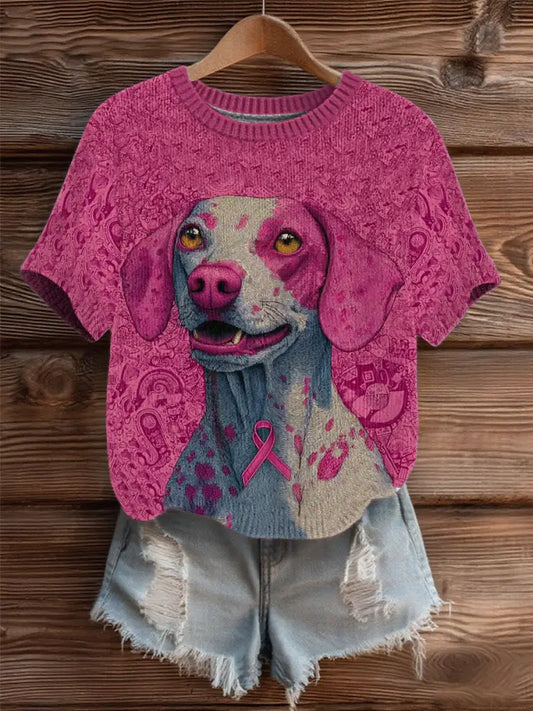 Women’s Breast Cancer Patchwork Dog Art Cozy Knit Top As picture / S