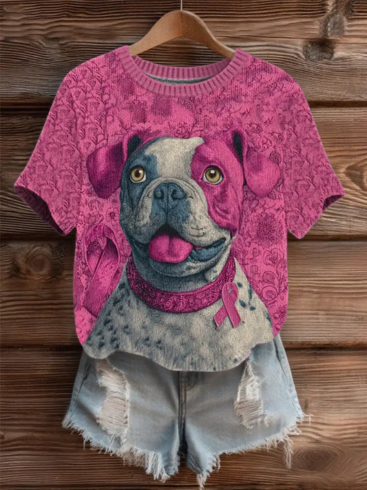Women’s Breast Cancer Patchwork Dog Art Cozy Knit Top As picture / S