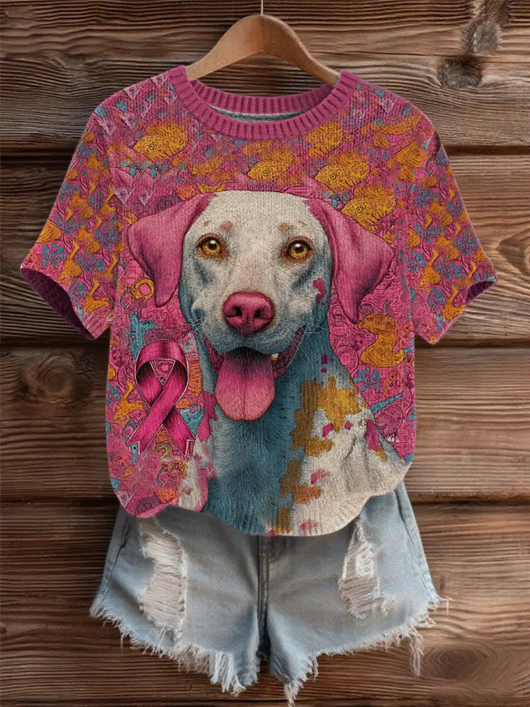Women’s Breast Cancer Patchwork Dog Art Cozy Knit Top As picture / S