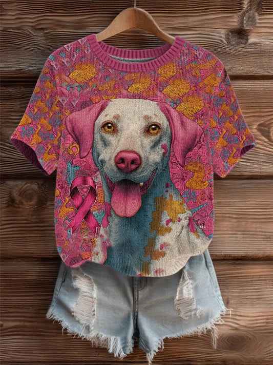 Women’s Breast Cancer Patchwork Dog Art Cozy Knit Top As picture / S