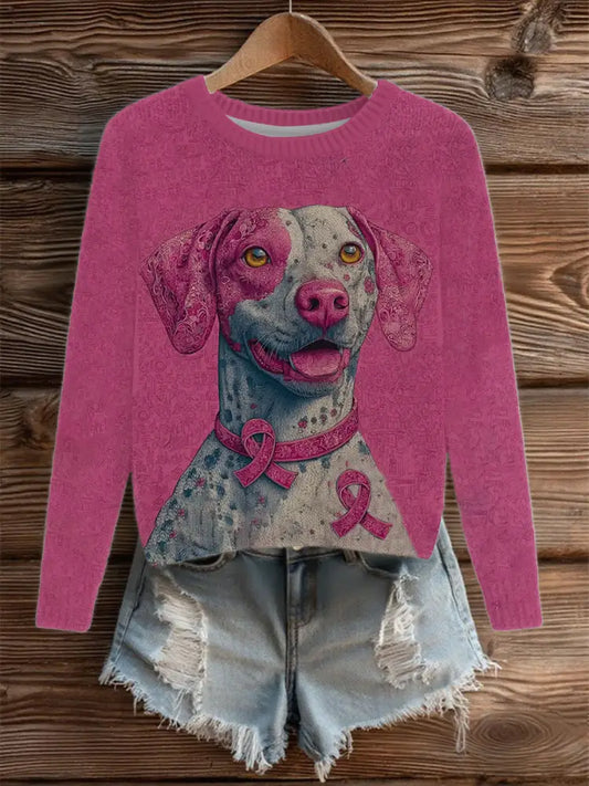 Women’s Breast Cancer Patchwork Dog Art Knitted Sweater As picture / S