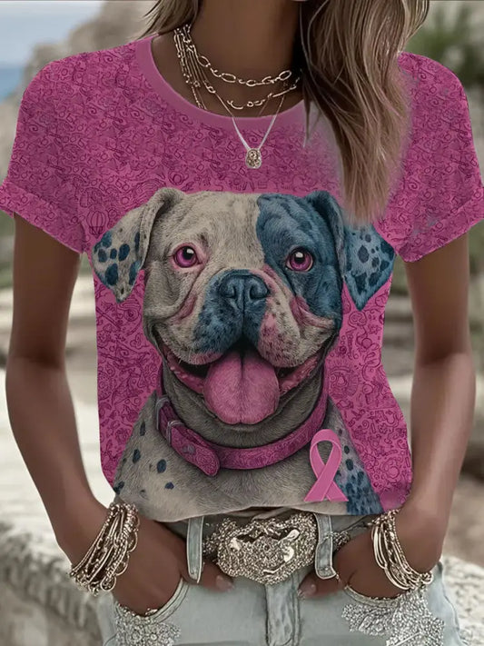 Women’s Breast Cancer Patchwork Dog Art Printed T shirt As picture / S