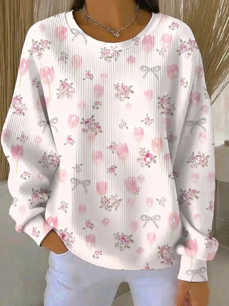 Women’s Breast Cancer Pink Floral Print Casual Sweatshirt As picture / S
