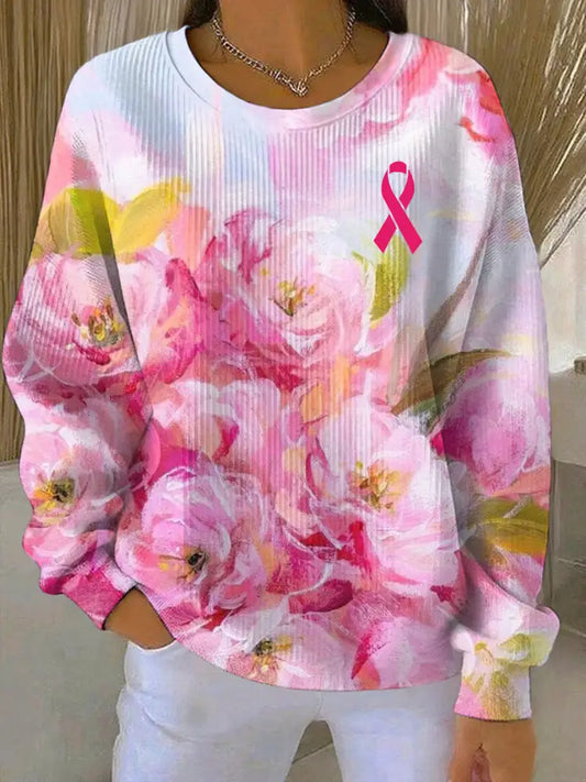 Women’s Breast Cancer Pink Floral Print Casual Sweatshirt As picture / S