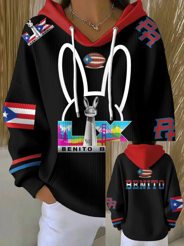 Women’s Bunny Football Music Lover Printed Hoodie Black / S