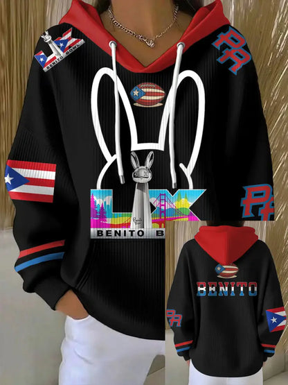 Women’s Bunny Football Music Lover Printed Hoodie Black / S