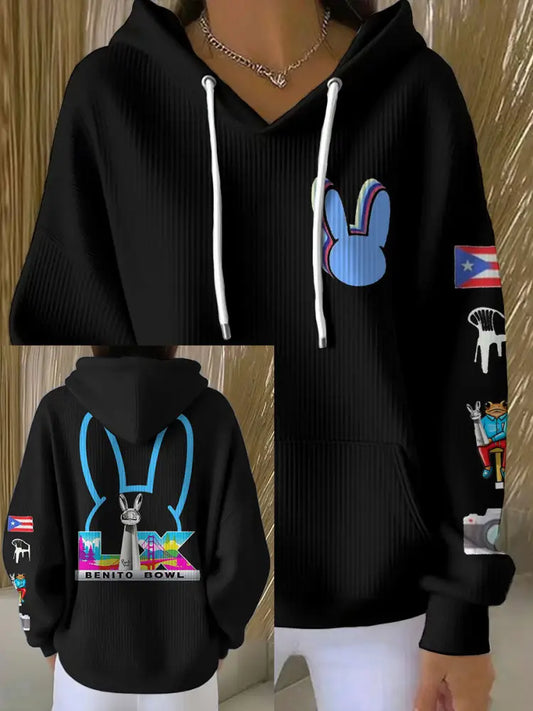 Women’s Bunny Football Music Lover Printed Hoodie Black / S