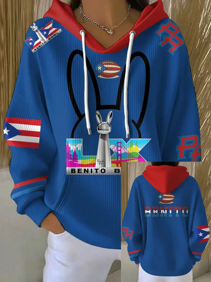 Women’s Bunny Football Music Lover Printed Hoodie Blue / S