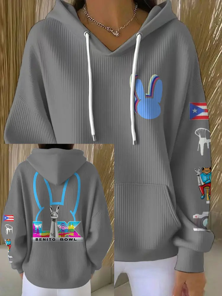 Women’s Bunny Football Music Lover Printed Hoodie Light Gray / S