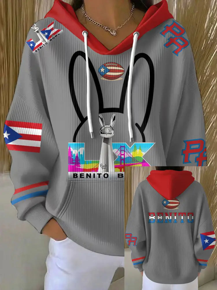 Women’s Bunny Football Music Lover Printed Hoodie Light Gray / S