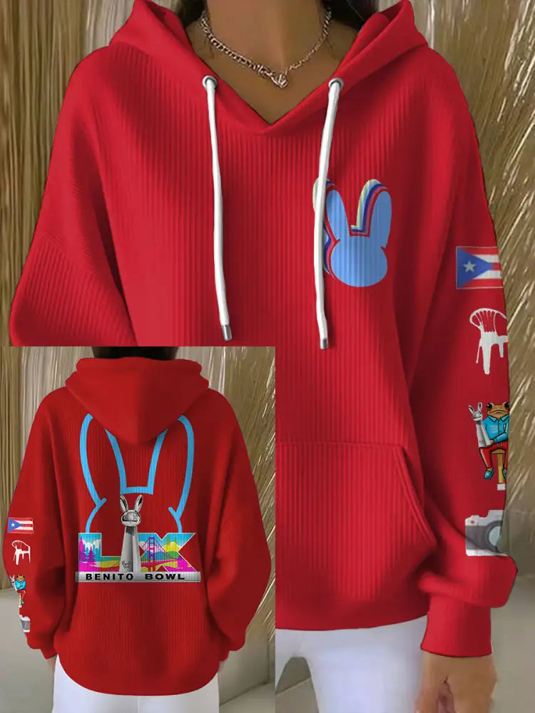 Women’s Bunny Football Music Lover Printed Hoodie Red / S